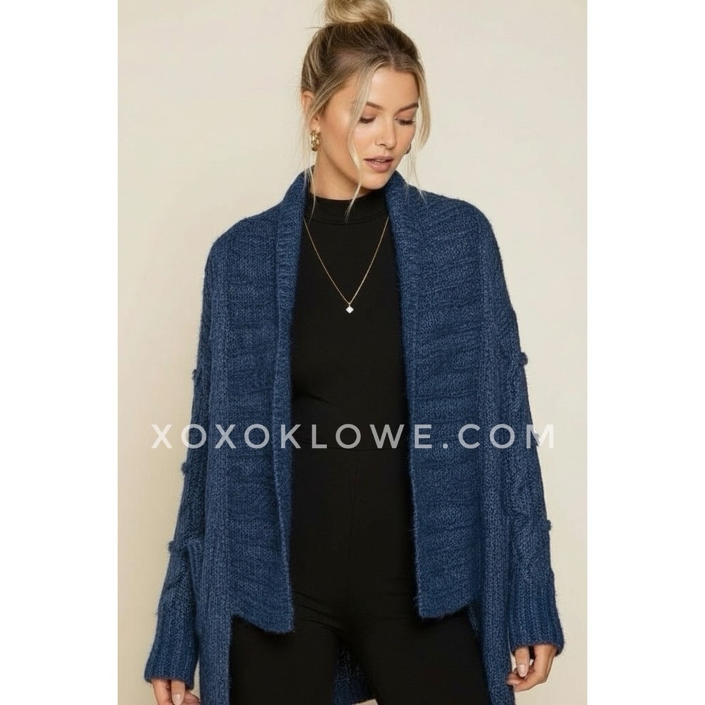 POL Ocean Blue Open Front Cable Knit Cardigan | Relaxed Fit - Picture 9 of 9